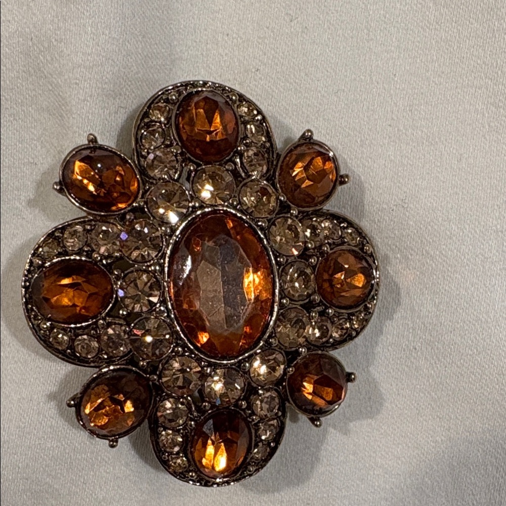 Vintage Style Brooch with Amber and Clear Stones